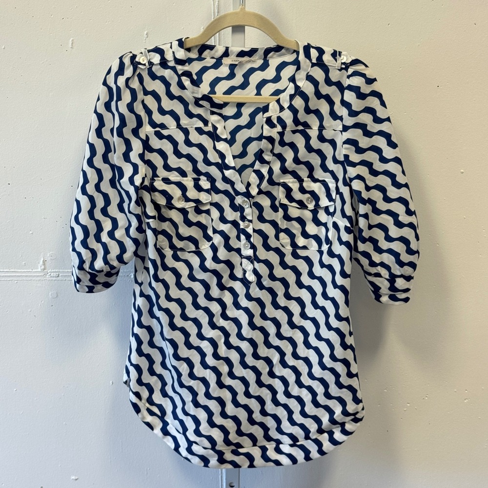 41 Hawthorn Navy White Wavy Geometric Split Neck Blouse SF7028H Small Office